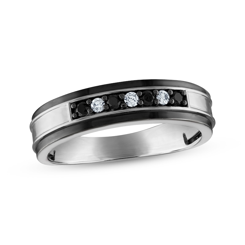 Main Image 1 of Now + Forever Men’s Round-Cut Black & White Diamond Wedding Band 1/5 ct tw 10K White Gold