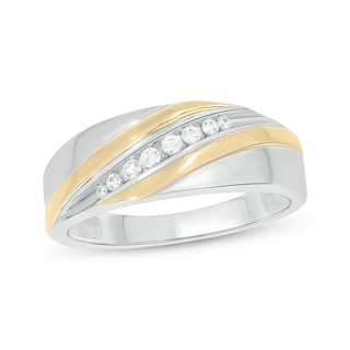 Now + Forever Men’s Round-Cut Diamond Diagonal-Set Wedding Band 1/6 ct tw 10K Two-Tone Gold
