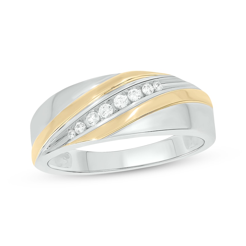 Main Image 1 of Now + Forever Men’s Round-Cut Diamond Diagonal-Set Wedding Band 1/6 ct tw 10K Two-Tone Gold