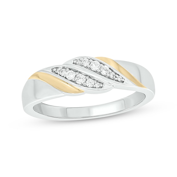 Now + Forever Men’s Round-Cut Diamond Diagonal-Set Two-Row Wedding Band 1/6 ct tw 10K Two-Tone Gold