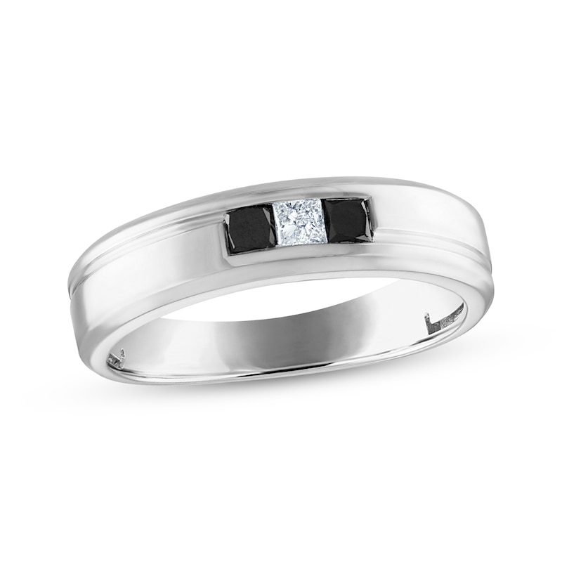 Men's Square-Cut Black & White Diamond Three-Stone Wedding Band 3/8 ct tw 10K White Gold