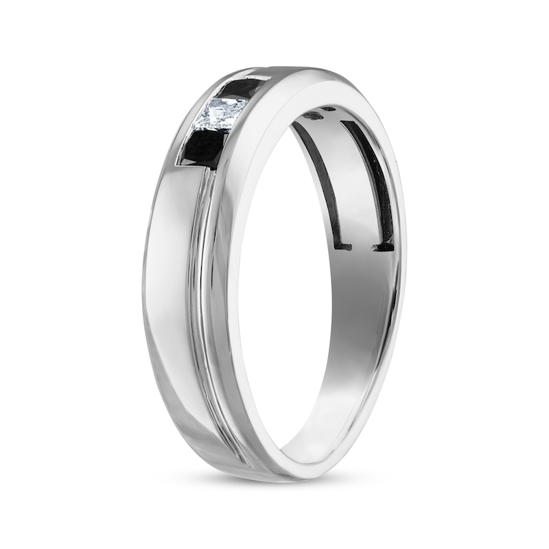 Main Image 2 of Now + Forever Men's Square-Cut Black & White Diamond Three-Stone Wedding Band 3/8 ct tw 10K White Gold