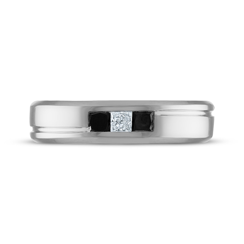 Main Image 3 of Now + Forever Men's Square-Cut Black & White Diamond Three-Stone Wedding Band 3/8 ct tw 10K White Gold