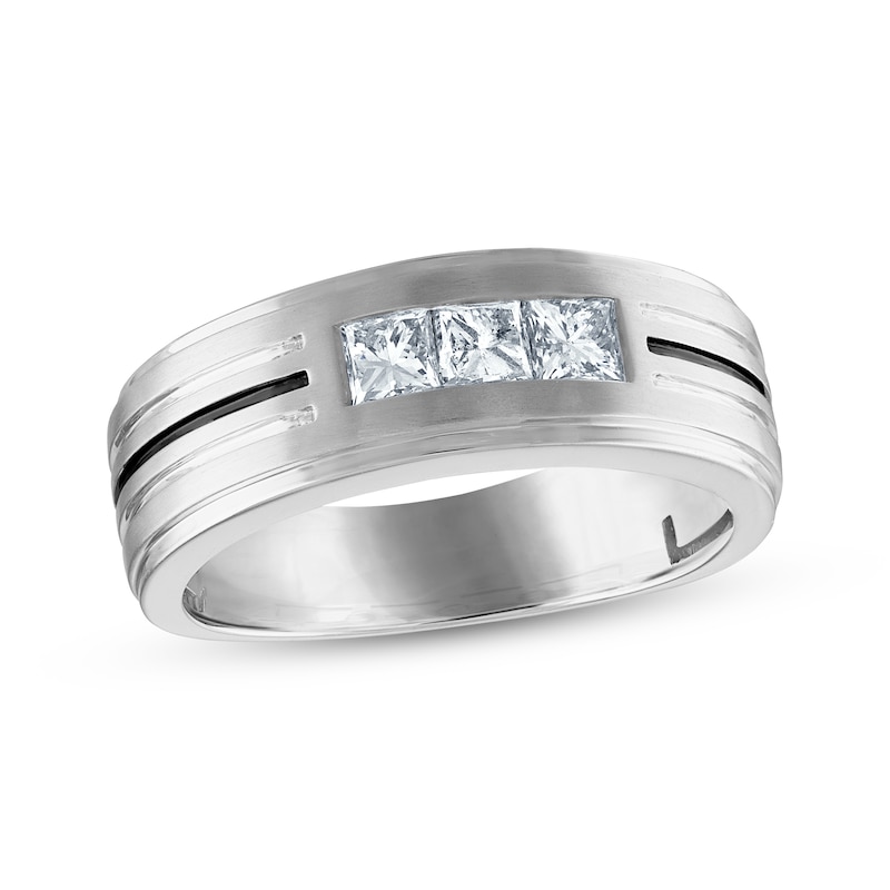 Main Image 1 of Now + Forever Men's Square-Cut Diamond Three-Stone Striped Wedding Band 3/4 ct tw 10K White Gold