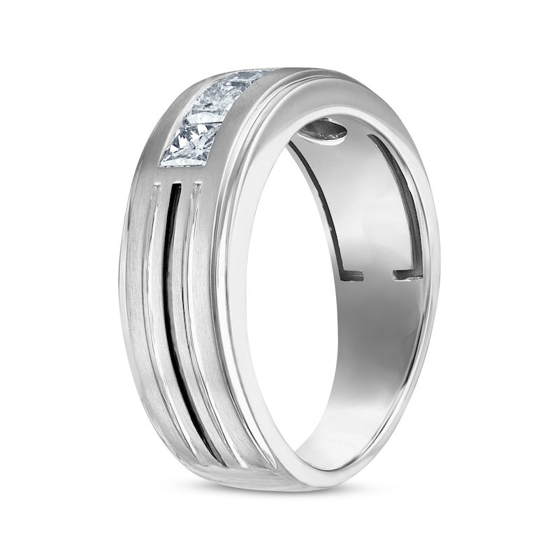 Men's Square-Cut Diamond Three-Stone Striped Wedding Band 3/4 ct tw 10K White Gold