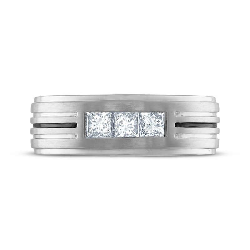 Main Image 3 of Now + Forever Men's Square-Cut Diamond Three-Stone Striped Wedding Band 3/4 ct tw 10K White Gold
