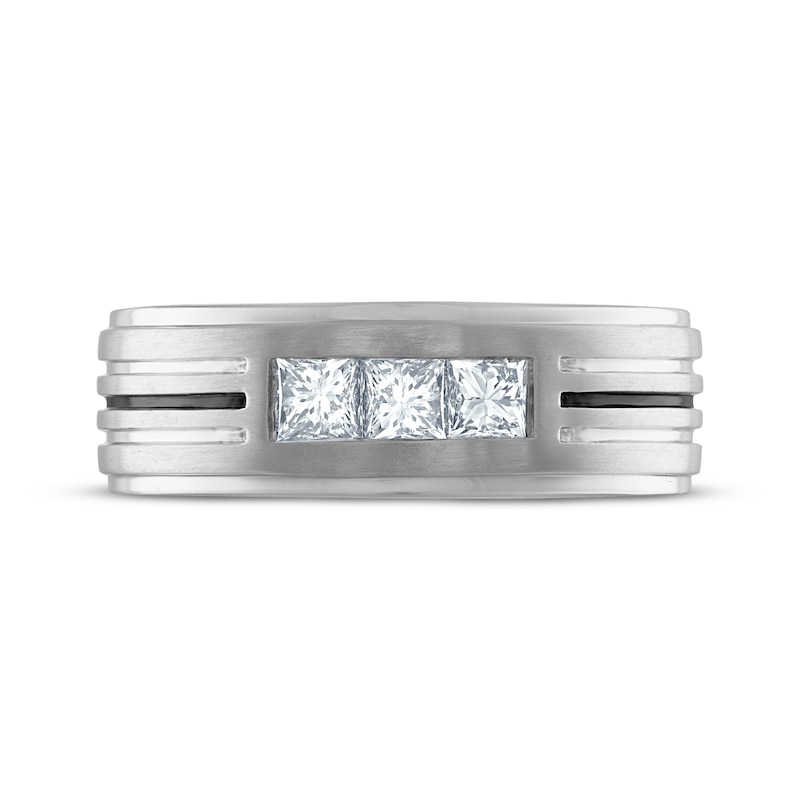 Men's Square-Cut Diamond Three-Stone Striped Wedding Band 3/4 ct tw 10K White Gold