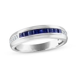 Now + Forever Men's Square-Cut Blue Sapphire & Diamond Wedding Band 1/10 ct tw 10K White Gold