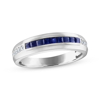 Now + Forever Men's Square-Cut Blue Sapphire & Diamond Wedding Band 1/10 ct tw 10K White Gold