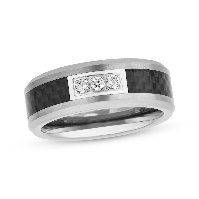Main Image 1 of Men's Diamond Three-Stone Wedding Band Tungsten Carbide & Carbon Fiber 8mm