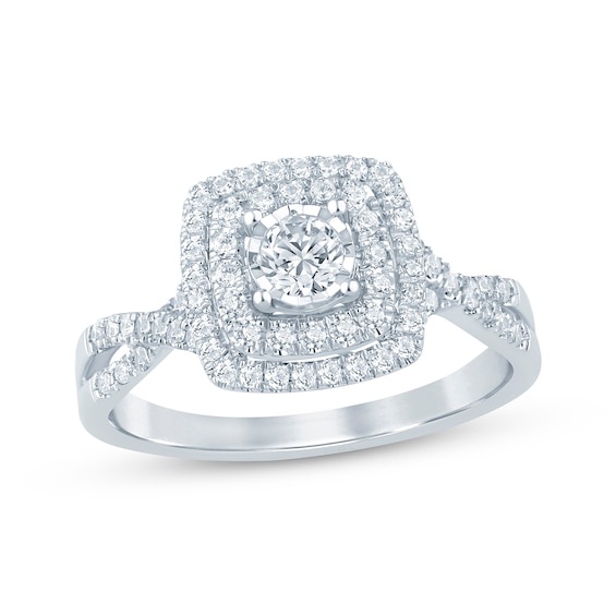 Now + Forever Round-Cut Diamond Double Cushion Frame Engagement Ring 1/2 ct tw 10K White Gold