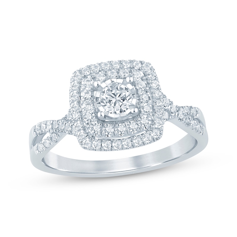 Round-Cut Diamond Double Cushion Frame Engagement Ring 1/2 ct tw 10K White Gold