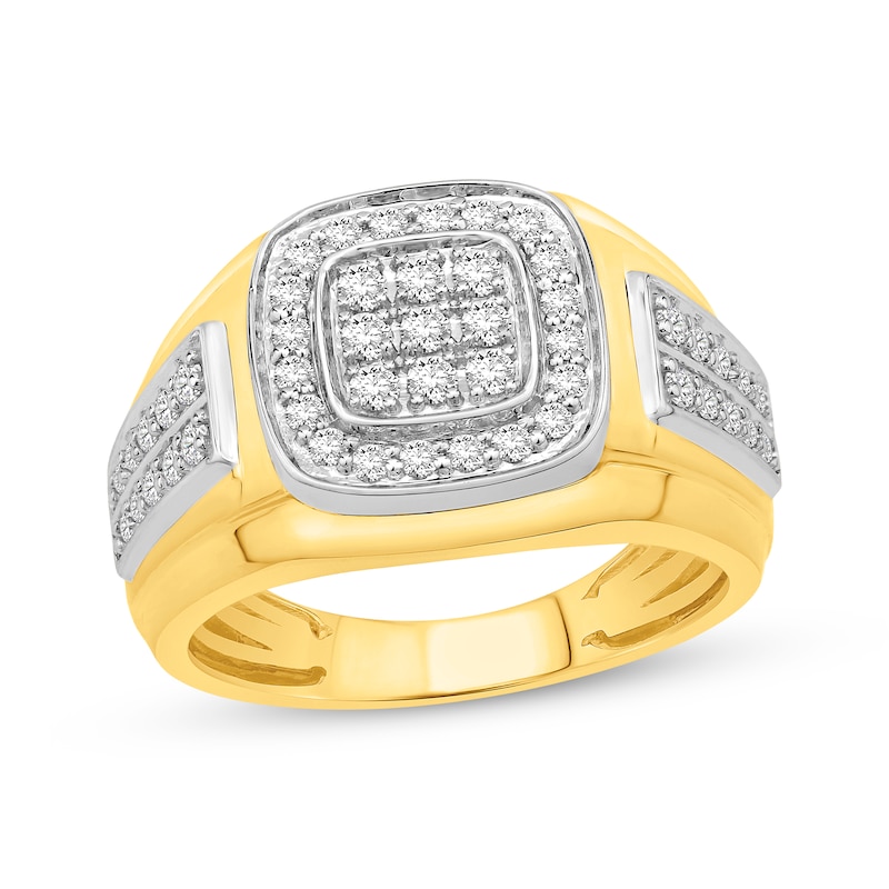 Main Image 1 of Men's Multi-Diamond Center Cushion-Shaped Signet Ring 3/4 ct tw 10K Yellow Gold