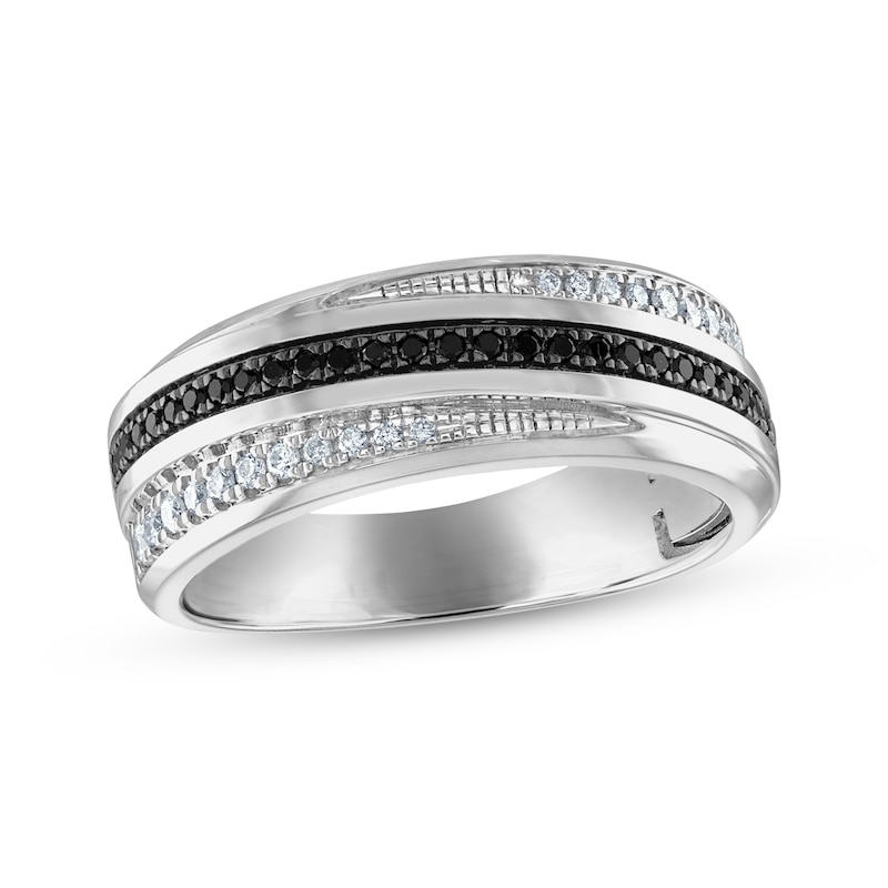 Men's Black & White Round-Cut Diamond Crossover Wedding Band 3/8 ct tw 10K White Gold