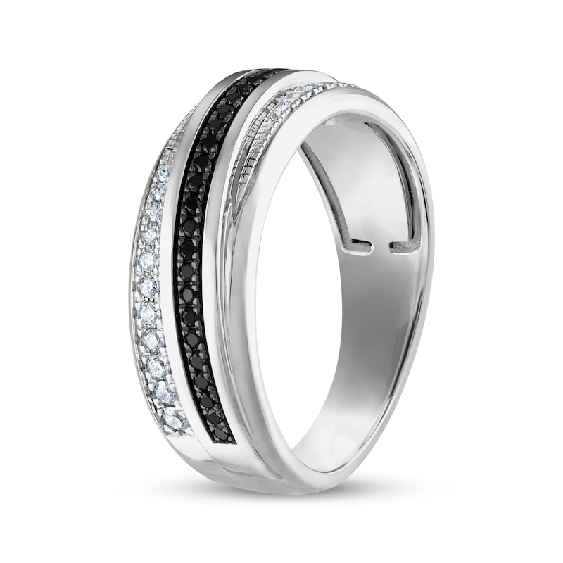 Men's Black & White Round-Cut Diamond Crossover Wedding Band 3/8 ct tw 10K White Gold