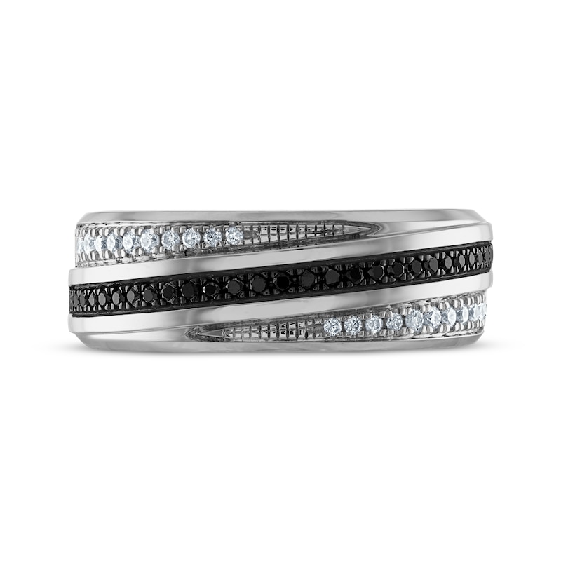 Main Image 3 of Now + Forever Men's Black & White Round-Cut Diamond Crossover Wedding Band 3/8 ct tw 10K White Gold