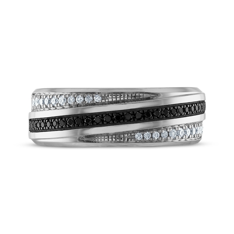 Men's Black & White Round-Cut Diamond Crossover Wedding Band 3/8 ct tw 10K White Gold