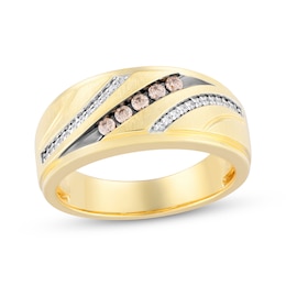 Now + Forever Men's Brown & White Diamond Diagonal Wedding Band 1/4 ct tw 10K Yellow Gold