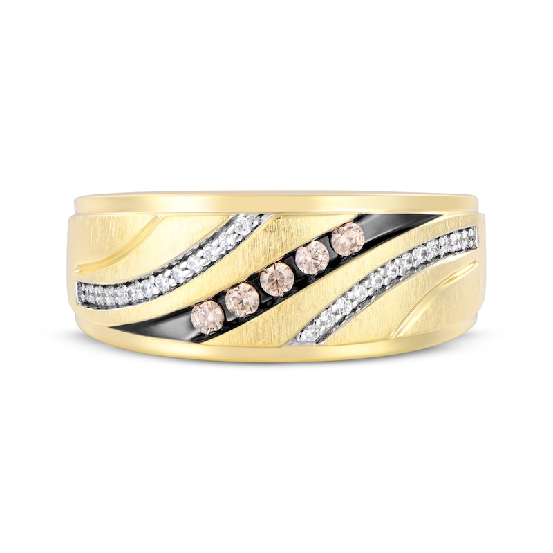 Main Image 4 of Now + Forever Men's Brown & White Diamond Diagonal Wedding Band 1/4 ct tw 10K Yellow Gold