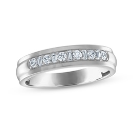 Now + Forever Men's Round and Baguette-Cut Diamond Wedding Band 1/3 ct tw 14K White Gold