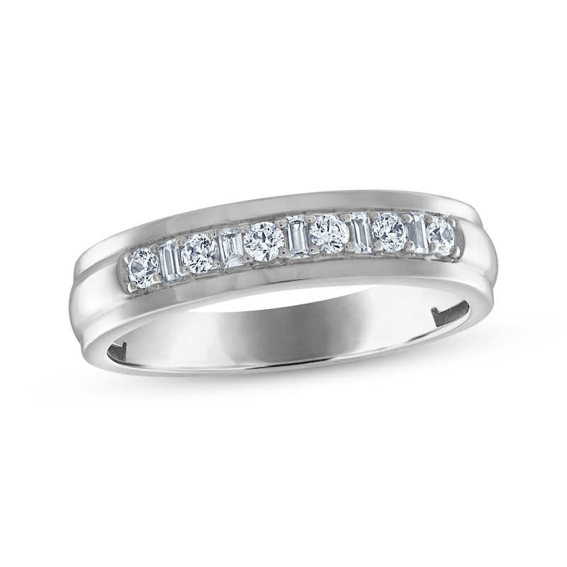 Main Image 1 of Now + Forever Men's Round and Baguette-Cut Diamond Wedding Band 1/3 ct tw 14K White Gold