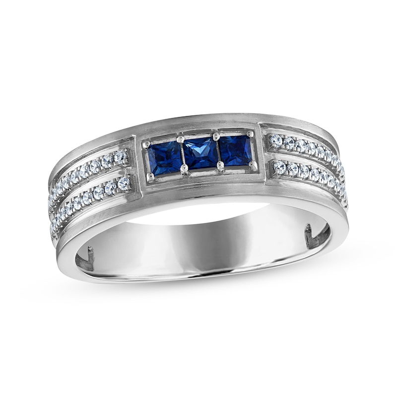 Main Image 1 of Now + Forever Men's Square-Cut Blue Sapphire & Diamond Wedding Band 1/5 ct tw 10K White Gold