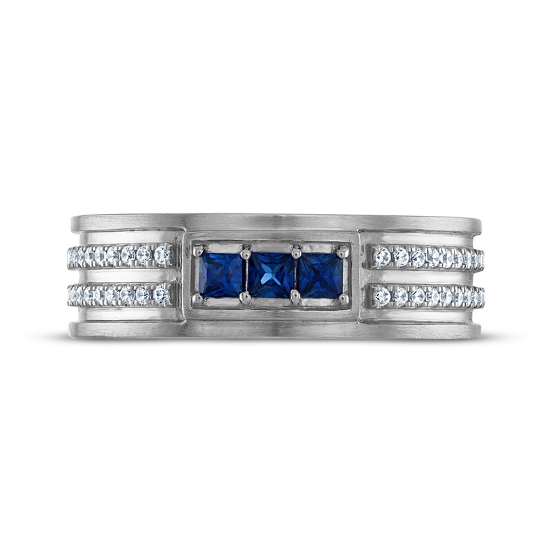 Main Image 3 of Now + Forever Men's Square-Cut Blue Sapphire & Diamond Wedding Band 1/5 ct tw 10K White Gold