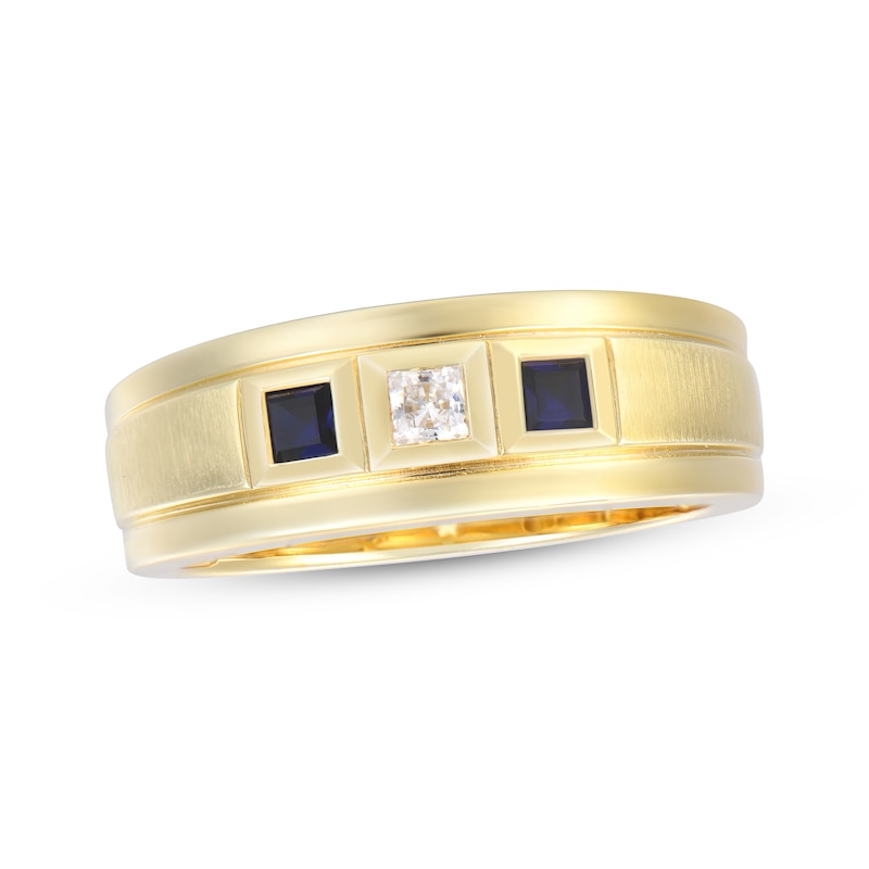 Main Image 1 of Now + Forever Men's Square-Cut Diamond & Blue Sapphire Wedding Band 1/10 ct tw 10K Yellow Gold