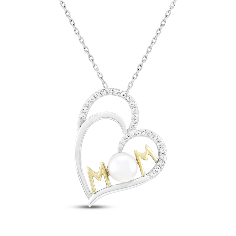 Cultured Pearl & White Lab-Created Sapphire "Mom" Double Heart Necklace Sterling Silver & 10K Yellow Gold 18"