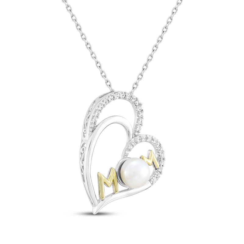 Cultured Pearl & White Lab-Created Sapphire "Mom" Double Heart Necklace Sterling Silver & 10K Yellow Gold 18"
