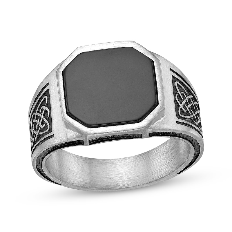 Main Image 1 of Men's Black Octagon Agate Ring Stainless Steel