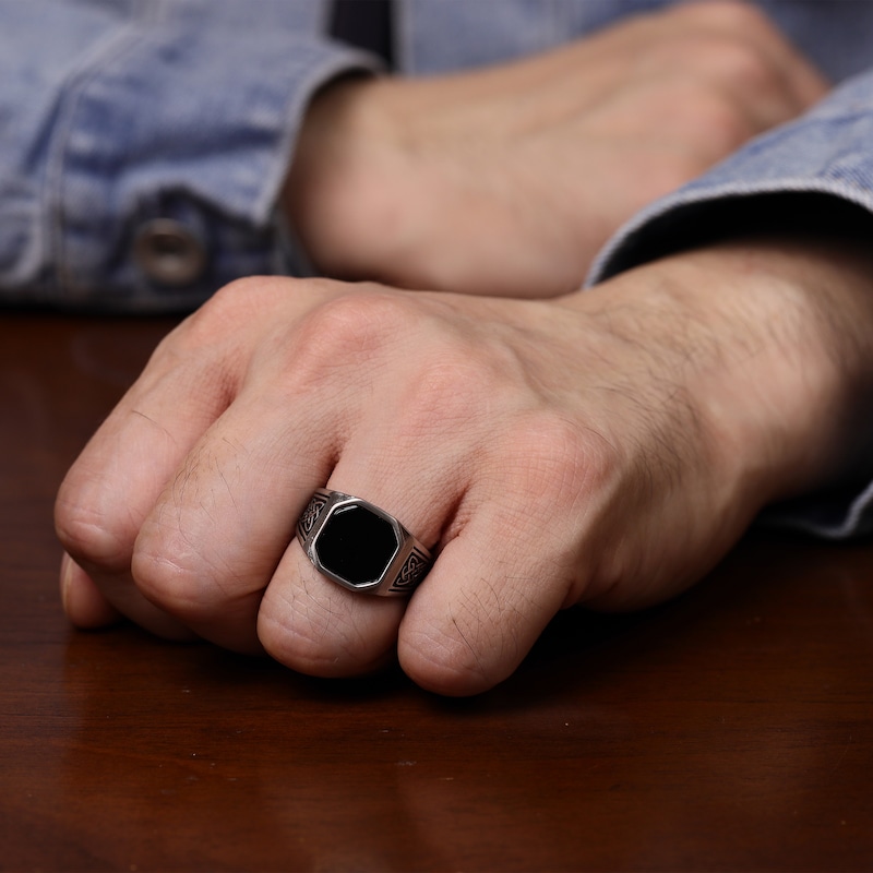 Main Image 5 of Men's Black Octagon Agate Ring Stainless Steel