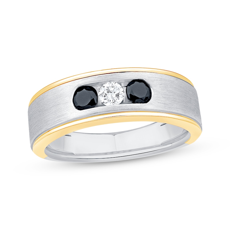 Main Image 1 of Now + Forever Men's White & Black Diamond Three-Stone Wedding Band 1/2 ct tw 10K Two-Tone Gold