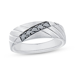Now + Forever Men's Black Diamond Diagonal Groove Wedding Band 1/3 ct tw 10K White Gold