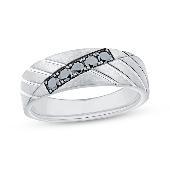 Now + Forever Men's Black Diamond Diagonal Groove Wedding Band 1/3 ct tw 10K White Gold