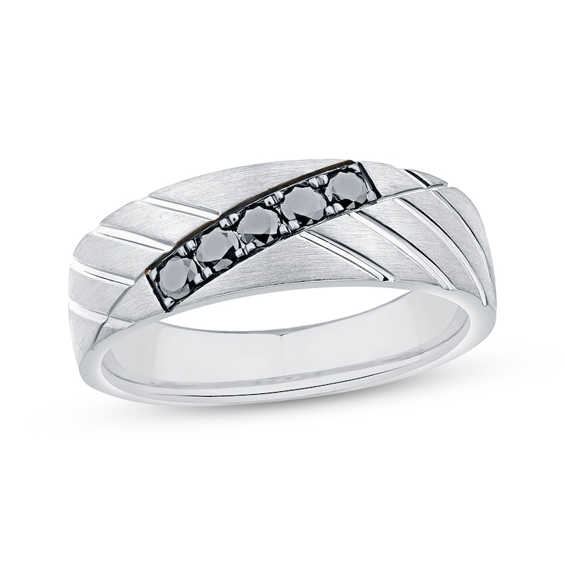 Main Image 1 of Now + Forever Men's Black Diamond Diagonal Groove Wedding Band 1/3 ct tw 10K White Gold