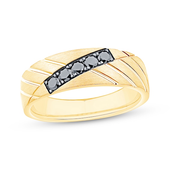 Now + Forever Men's Black Diamond Diagonal Groove Wedding Band 1/3 ct tw 10K Yellow Gold