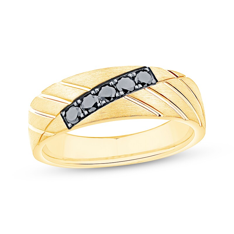 Main Image 1 of Now + Forever Men's Black Diamond Diagonal Groove Wedding Band 1/3 ct tw 10K Yellow Gold
