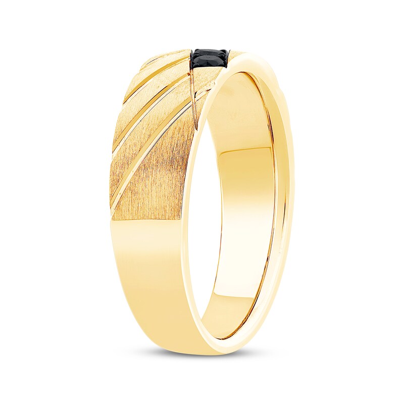 Main Image 2 of Now + Forever Men's Black Diamond Diagonal Groove Wedding Band 1/3 ct tw 10K Yellow Gold