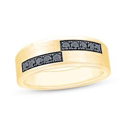 Now + Forever Men's Black Diamond Asymmetric Row Wedding Band 1/3 ct tw 10K Yellow Gold