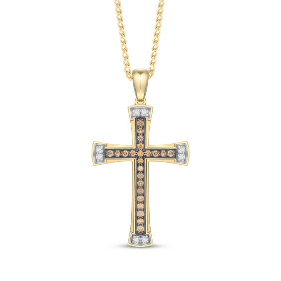 Men's Brown & White Diamond Cross Necklace 1/2 ct tw 10K Yellow Gold 22"