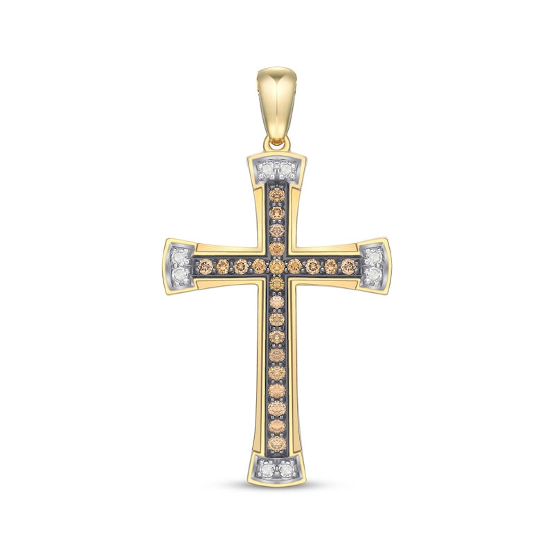 Main Image 1 of Men's Brown & White Diamond Cross Necklace 1/2 ct tw 10K Yellow Gold 22&quot;