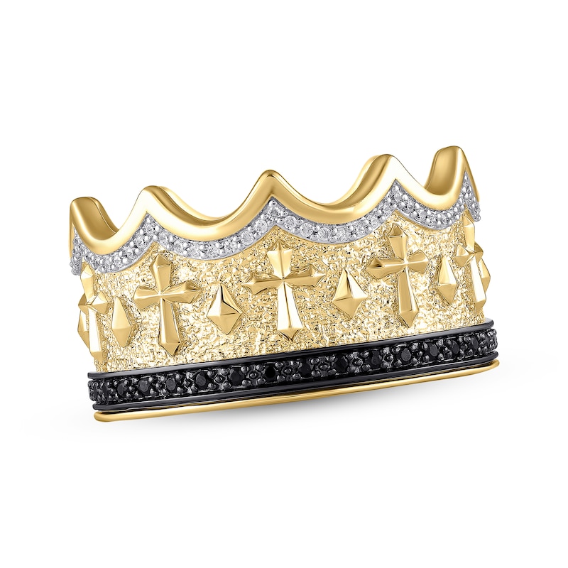 Men's Black & White Diamond Crown Diamond-Cut Ring 1/2 ct tw 10K Yellow Gold