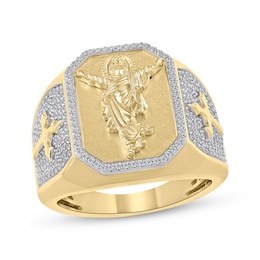 Men's White & Black Diamond Faith Signet Ring 1/2 ct tw 10K Yellow Gold
