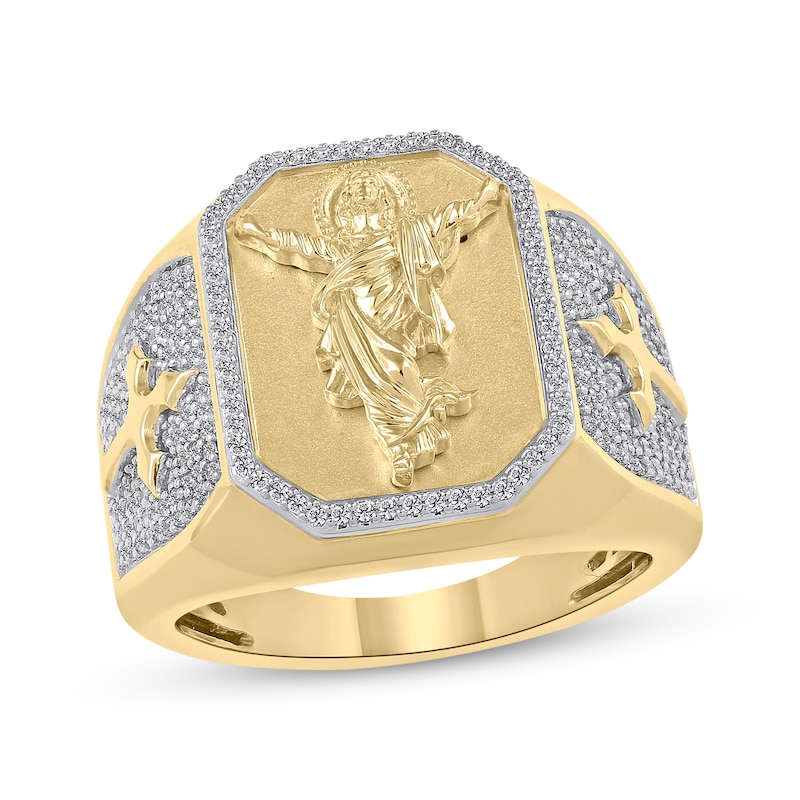 Main Image 1 of Men's White & Black Diamond Faith Signet Ring 1/2 ct tw 10K Yellow Gold