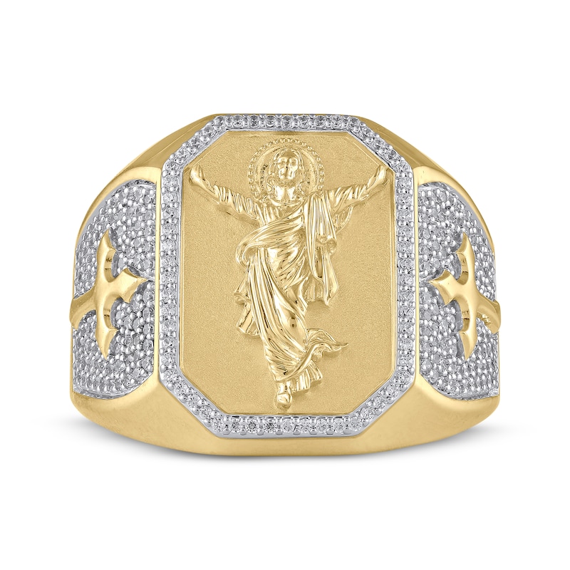 Main Image 3 of Men's White & Black Diamond Faith Signet Ring 1/2 ct tw 10K Yellow Gold