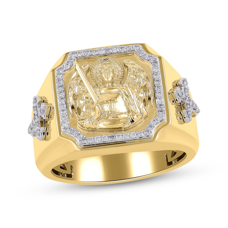Main Image 1 of Men's Black & White Diamond Saint Michael Signet Ring 1/3 ct tw 10K Yellow Gold