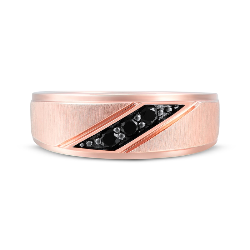 Main Image 4 of Now + Forever Men's Black Diamond Three-Stone Wedding Band 1/5 ct tw 10K Rose Gold
