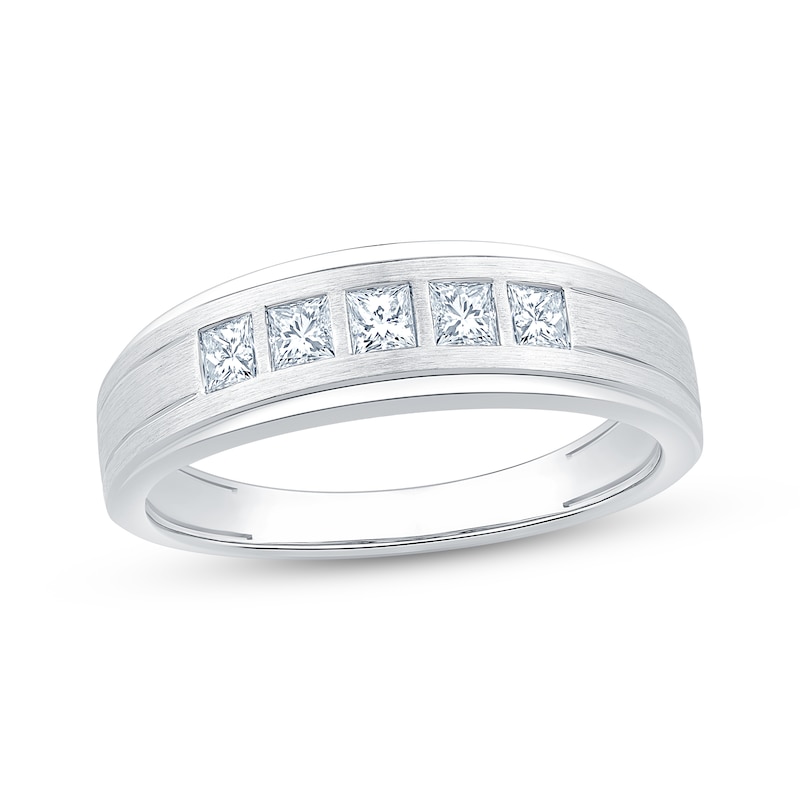 Main Image 1 of Now + Forever Men's Square-Cut Diamond Five-Stone Wedding Band 1/2 ct tw 10K White Gold