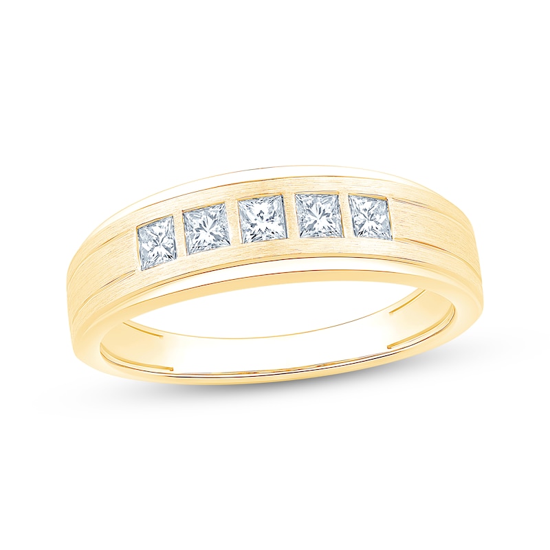Main Image 1 of Now + Forever Men's Square-Cut Diamond Five-Stone Wedding Band 1/2 ct tw 10K Yellow Gold